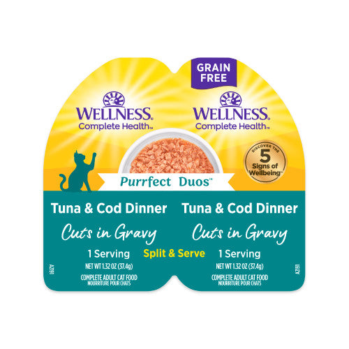 Wellness Purrfect Duos Tuna & Cod Cuts in Gravy — 2 × 1.32-oz servings per tray; sold as case of 12 trays (24 servings)