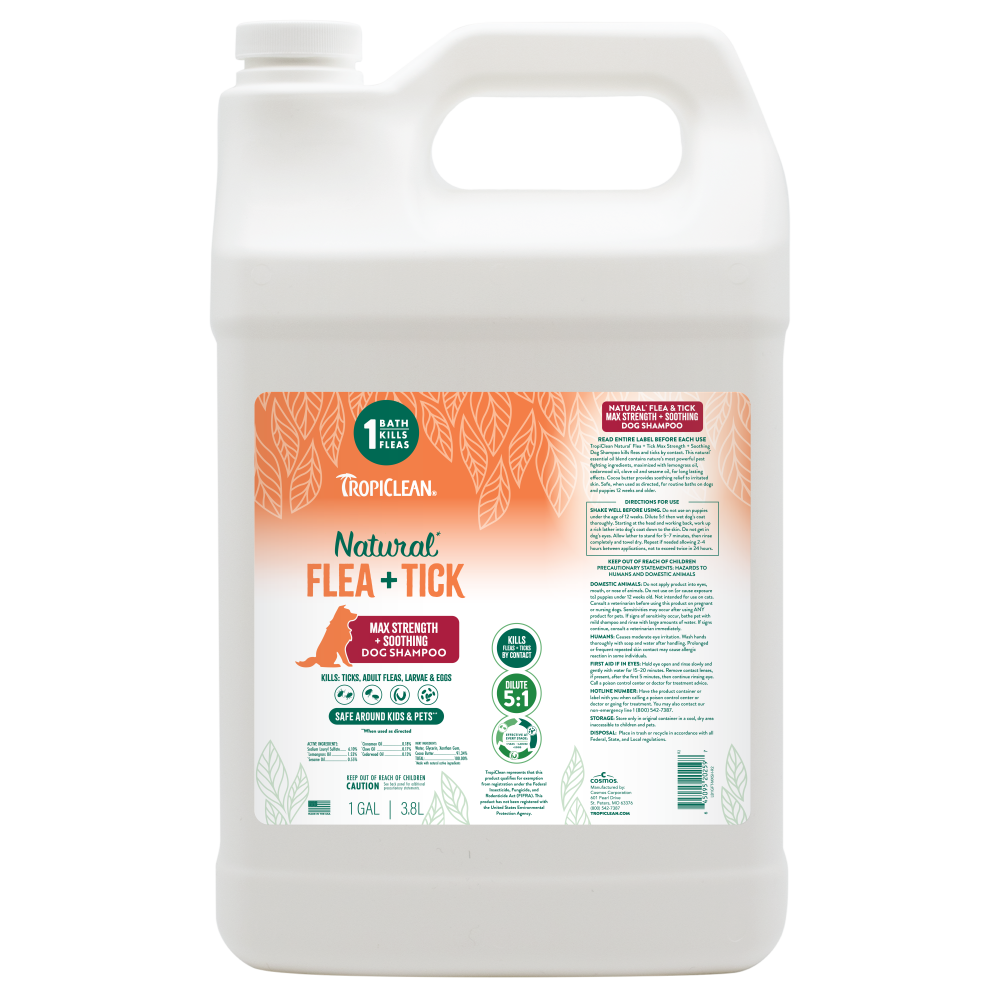 TropiClean Natural* Flea + Tick Maximum Strength + Soothing Shampoo for Dogs, 1 gal — 1 gal retail package