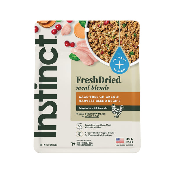 Instinct FreshDried Meal Blends Chicken & Harvest Blend dog 3 oz. product benefits and recipe information