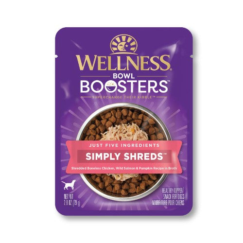 Wellness Bowl Boosters Simply Shreds Shredded Bonelss Chicken, Wild Salmon, & Pumpkin Recipe in Broth — 2.8-oz, case of 12; Case of 12 × 2.8-oz containers