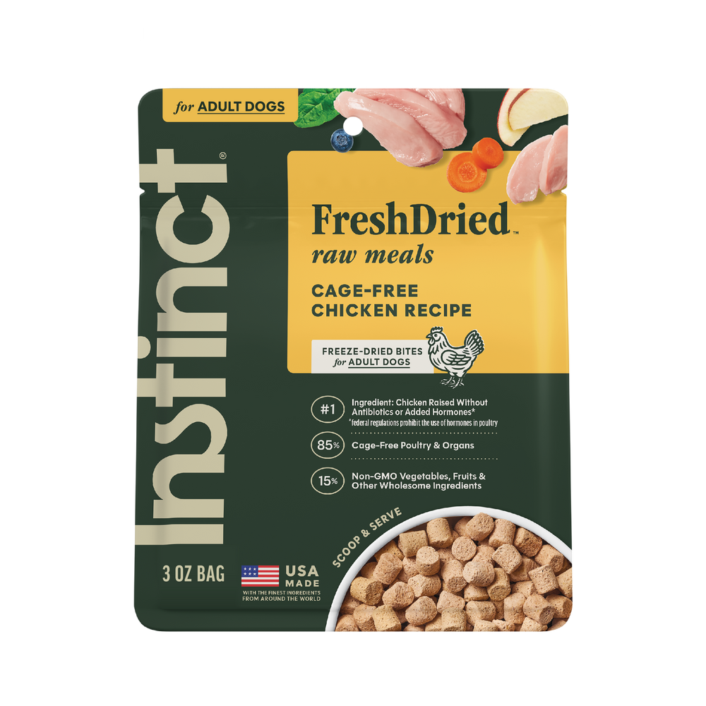 Instinct FreshDried Raw Meals Cage-Free Chicken Recipe dog 3 oz. product benefits and recipe information