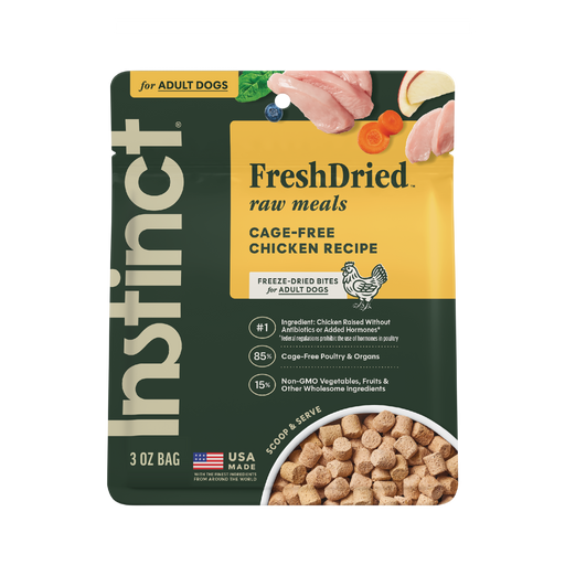 Instinct FreshDried Raw Meals Cage-Free Chicken Recipe dog 3 oz. product benefits and recipe information