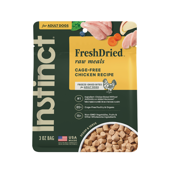 Instinct FreshDried Raw Meals Cage-Free Chicken Recipe dog 3 oz. product benefits and recipe information