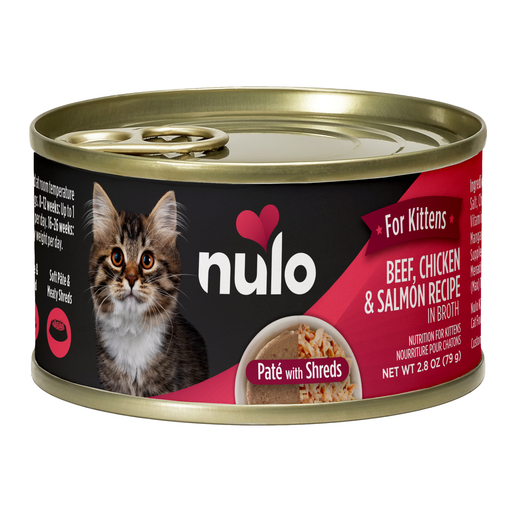 Nulo Paté with Shreds Kitten Beef, Chicken & Salmon Recipe for Cats - 2.8 oz pouch - front package