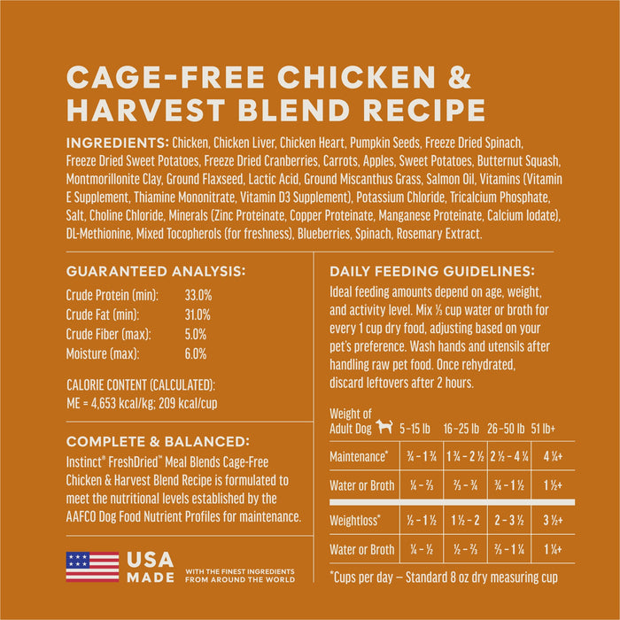 Instinct FreshDried Meal Blends Chicken & Harvest Blend dog  product benefits and recipe information