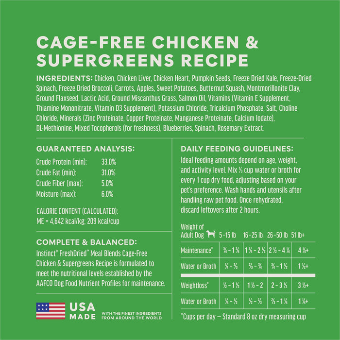 Instinct FreshDried Meal Blends Chicken & SuperGreens Blend dog  product benefits and recipe information