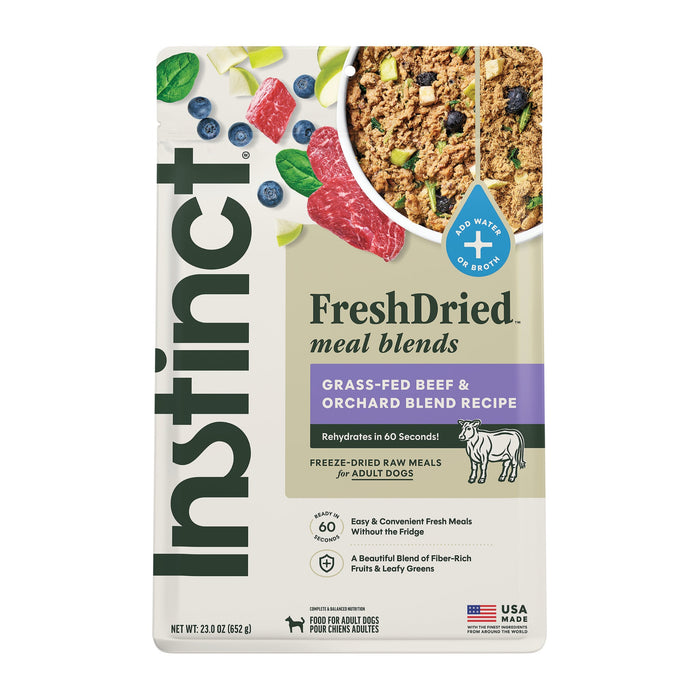 Instinct FreshDried Meal Blends Beef & Orchard Blend dog 23 oz. product benefits and recipe information