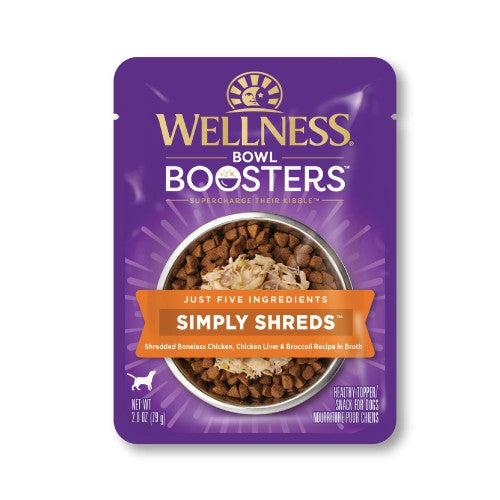 Wellness Bowl Boosters Simply Shreds Shredded Boneless Chicken, Chicken Liver & Broccoli Recipe in Broth — 2.8-oz, case of 12; Case of 12 × 2.8-oz containers