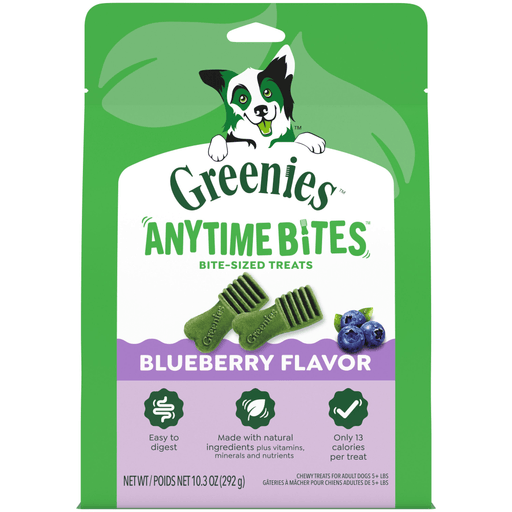 Greenies Anytime Bites Blueberry Dog Treats — manufacturer recipe-family image; package size may differ