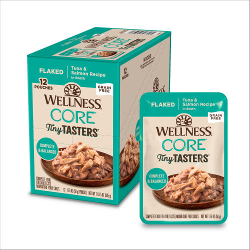 Wellness CORE Tiny Tasters Flaked Tuna & Salmon Recipe in Broth — 1.75-oz, case of 12; Case of 12 × 1.75-oz containers