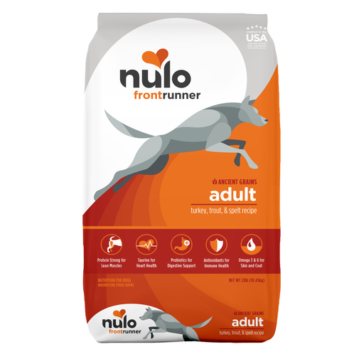 Nulo Frontrunner Ancient Grains Turkey, Trout & Spelt Recipe for Dogs 23 lb - front package