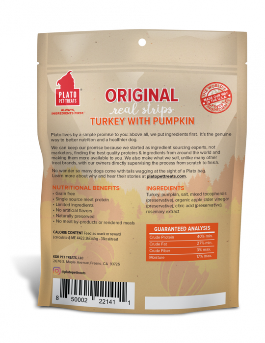 Plato Grain Free Real Strips Turkey With Pumpkin Dog Treats
