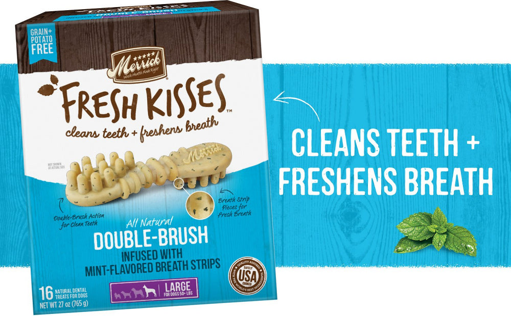 Merrick Fresh Kisses Grain Free Mint Breath Strips Large Dog Treat Box