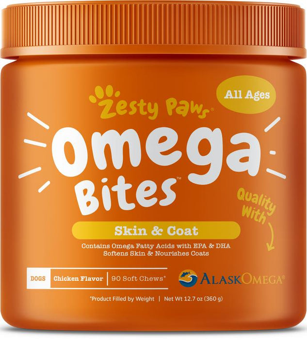 Zesty Paws Omega Bites For Skin & Coat Support Chicken Flavor with Alaskan Fish Oil Soft Chews for Dogs