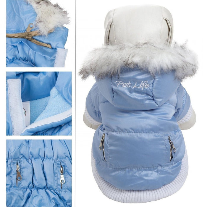 Pet Life Metallic Blue Fashion Parka Insulated Dog Coat with Removable Hood