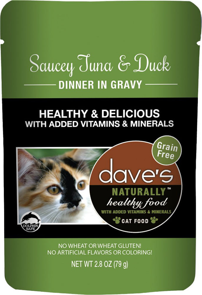 Dave's Naturally Healthy Sauccy Grain Free Tuna & Duck Dinner in Gravy Recipe Cat Food Pouch