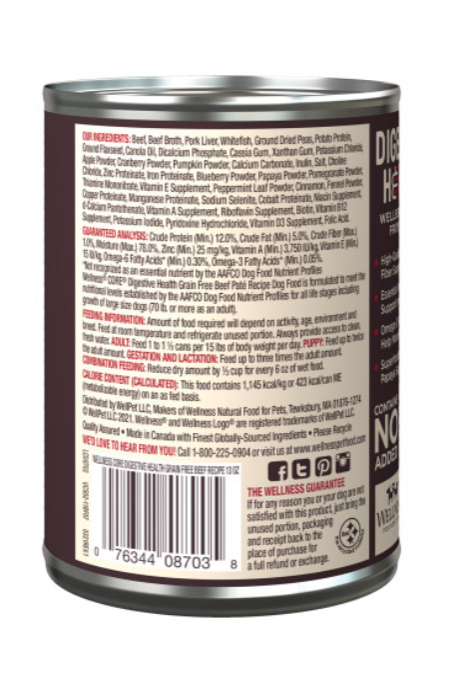 Wellness Core Digestive Health Grain Free Beef Recipe Canned Dog