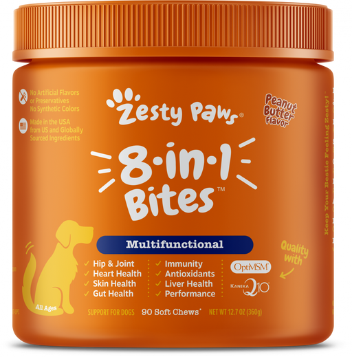 Zesty Paws 8-in-1 Multifunctional Vitamins Glucosamine Chondroitin & Probiotics Peanut Butter Flavor Soft Chews for Dogs