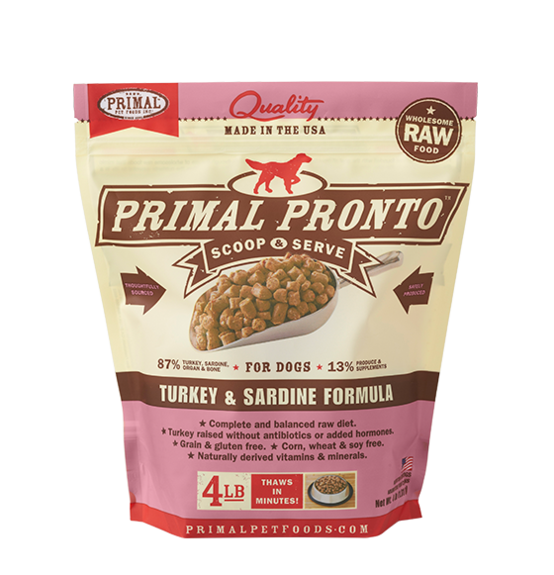 PRIMAL PRONTO DOG RAW FROZEN TURKEY SARDINE