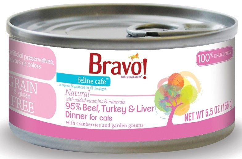 Bravo! Feline Cafe 95% Beef, Turkey & Liver Dinner Grain-Free Canned Cat Food 